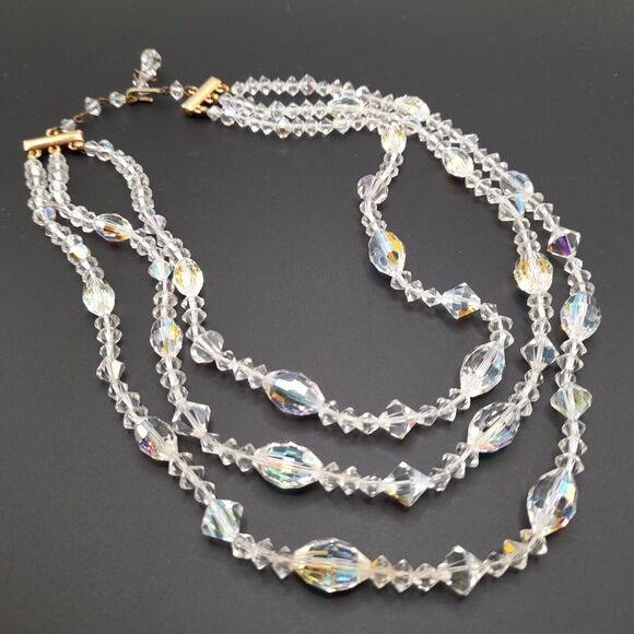 Vintage AB Crystal Bead Necklace, Three Strands, Wedding Necklace, 18" - Picture 8 of 11